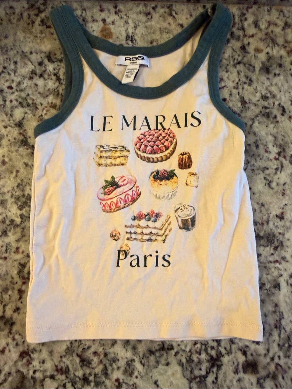 RSQ White Tank Top with Green Trim and Pastry Print